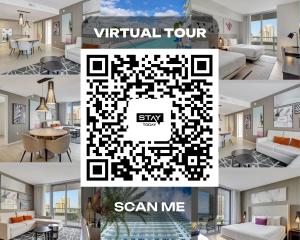 eine Collage aus Fotos eines Wohnzimmers mit einem virtuellen Rundgang und scannen Sie mich in der Unterkunft Elegance by the Ocean - 2BD Hyde House Gem with LUXURY RESORT AMENITIES in Hollywood