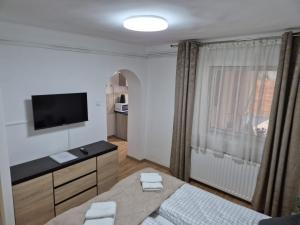 Una habitación blanca con una cama y un televisor. en Kucko Vendeghaz Guesthouse, en Sárospatak