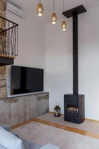 a living room with a fireplace and a flat screen tv at Quinta das Mimosas in Mondim de Basto