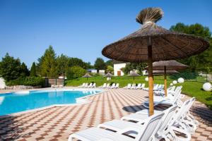 Domaine de l'Epinette في Châtillon: مجموعة كراسي ومظلة بجانب مسبح