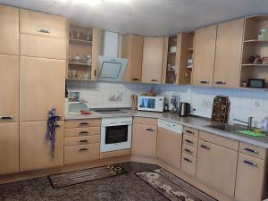 a kitchen with wooden cabinets and a stove top oven at Idyllische Ferienwohnung in Walldürn