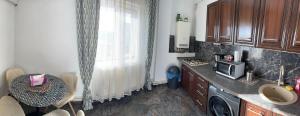 a kitchen with a counter top and a microwave at Alfredo Apartament in Buzău