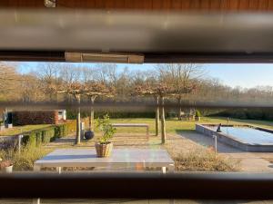 a view from a window of a park with a pond at Het Kabinet in Munsterbilzen
