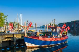 ノイシュタット・イン・ホルシュタインにあるLuxus Fairschlafen am Hafen mit Sauna und BBQの水上の桟橋に停泊する船
