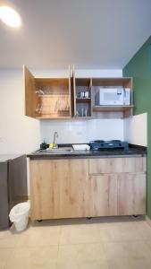 a kitchen with wooden cabinets and a sink at Edificio Fenicia Lofts Laureles in Medellín +204 photos