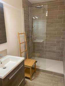 a bathroom with a shower and a toilet and a sink at Le Colvert, appartement face mer in Le Crotoy +25 photos