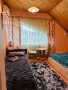 a bedroom with a bed and a table and a window at ПАННА КАТЕРИНА in Solochyn +75 photos