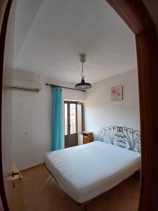 a bedroom with a white bed and a blue curtain at Casa Nynfa in Castel San Vincenzo