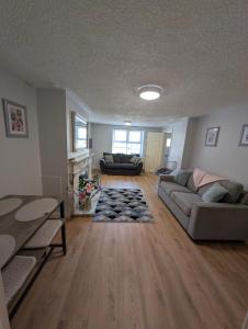 a living room with a couch and a fireplace at Fountain Street in Bessbrook