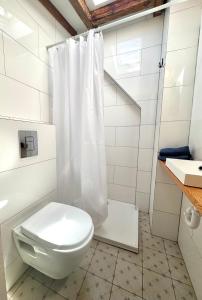 een witte badkamer met toilet en douche bij Pocztówka Spod Dachu in Sopot +17 foto's