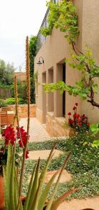 a garden with red flowers and a building at מקום להיות סוויטה אדריכלית זוגית in Bet Qeshet