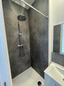 a bathroom with a shower and a sink at Aux Primevères in Saint-Honoré-les-Bains
