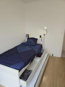 a bed in a room with white shelves at Chambres près des 24H avec 1 lit et 1 lit d'appoint -60kg in Le Mans