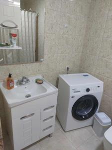 ein Badezimmer mit Waschmaschine und Waschbecken in der Unterkunft Lalitas sweet home in Kutaissi