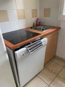 a kitchen with a sink and a white refrigerator at Appartement 2 chambres in Prayssac