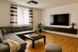 a living room with a couch and a flat screen tv at LUMA Residence Bad Waldsee in Bad Waldsee