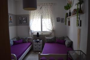 a living room with purple beds and a window at Dimitris house in Paralía Avdhíron