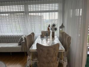 une salle à manger avec une table, des chaises et un canapé dans l'établissement Elegante Wohnung in Basel, direkt am Messeplatz, à Bâle