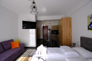 a living room with a couch and a kitchen at Blue House 1 in Drama