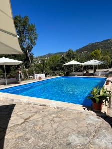 a blue swimming pool with a mountain in the background at Alojamiento Rural ERMITA SAN JULIAN in Burunchel