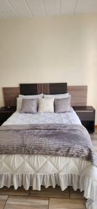 een slaapkamer met een groot bed met twee kussens bij Leonella Luxury Apartment in Northwold
