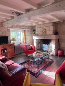 a living room with a couch and a fireplace at Magnifique Refuge avec piscine et animaux situé au coeur des châteaux de la Loire et des vignobles in Cinais
