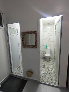 a bathroom with a shower and a toilet with a mirror at Oasis Aglou in Aglou +35 photos