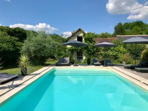 a swimming pool with umbrellas and a house at Magnifique Refuge avec piscine et animaux situé au coeur des châteaux de la Loire et des vignobles in Cinais