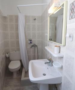 Un baño con lavabo, inodoro y espejo. en Casa alle terme, en Loutra Edipsou