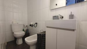 a white bathroom with a toilet and a sink at Vivenda Ponte Romana in Padrón +3 photos