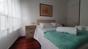 a bedroom with a bed with a green blanket on it at Vivenda Ponte Romana in Padrón
