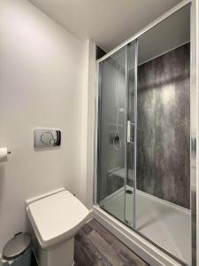 un baño con ducha y WC en Central Sheffield 1 Bed Flat, Sleeps 3, City Views, Full Kitchen, en Midland