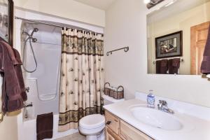 een badkamer met een wastafel, een toilet en een douche bij Tall Pines Lodge in Eagle River WI in Eagle River +36 foto's