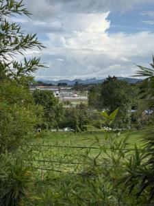 a view of a city from a field with trees at Cabaña del bosque in Rionegro