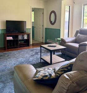 a living room with two couches and a tv at Blue Cypress in Tofino