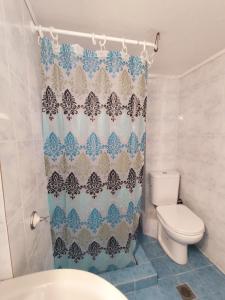 a bathroom with a toilet and a shower curtain at Siviri Blue Horizon Apartment in Siviri