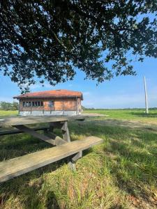 a picnic table in a field with a building at Charmante maison typique des Landes in Linxe