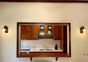 a kitchen with a sink and wooden cabinets at Kappa Domus in Siviri +10 photos