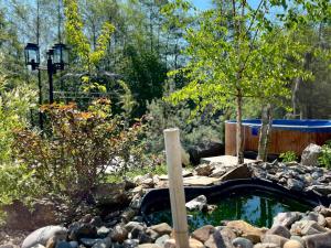un giardino con una piscina d'acqua e un albero di Garden Residence - The Nest a Drahobudice