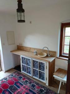 a bathroom with a sink in a room with a rug at Pferdehof in der Oststeiermark  +17 photos
