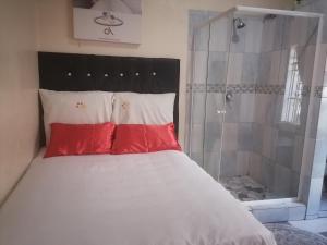 a bedroom with a bed with red pillows and a shower at Valley Center Guest House in Johannesburg