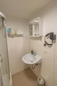 a white bathroom with a sink and a shower at HANNIBAL - City Apartment "T-Roc", VW Nähe, Parkplatz, City Nähe, Küche, HighSpeed-WLAN in Wolfsburg