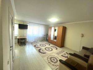 a living room with a large rug on the floor at Уютная квартира-студия в курортной зоне Щучинский in Uchitelʼ