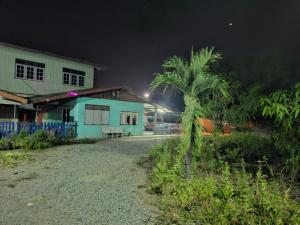 a palm tree in front of a house at night at พลอย in Pathum Thani