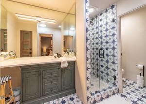 un baño con ducha y lavabo en Designer Loft at the Santa Fe Plaza Spacious 520 Sq Ft, King Bed, en Santa Fe 7 fotos más