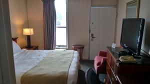 une chambre d'hôtel avec un lit et une télévision à écran plat dans l'établissement Hope Inn, à Lenox