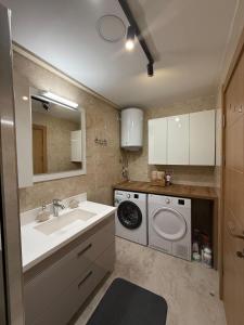 a bathroom with a sink and a washing machine at Sky View Apartment in Novi Pazar