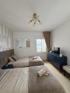a bedroom with two beds and a television in it at PlayaDuquesa Apartment SEAVIEW in Manilva +24 photos