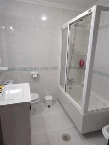 a bathroom with a shower and a toilet and a sink at O piso da Tia Lo,la in Sotomayor