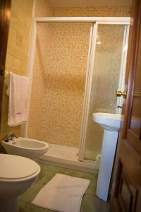 a bathroom with a shower and a toilet and a sink at Hostal A Pedra in Vigo +2 photos